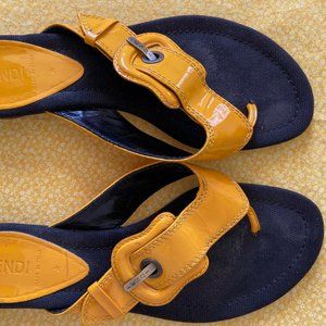 Fendi Yellow Patent Buckle Thong Flat Sandal SZ 37